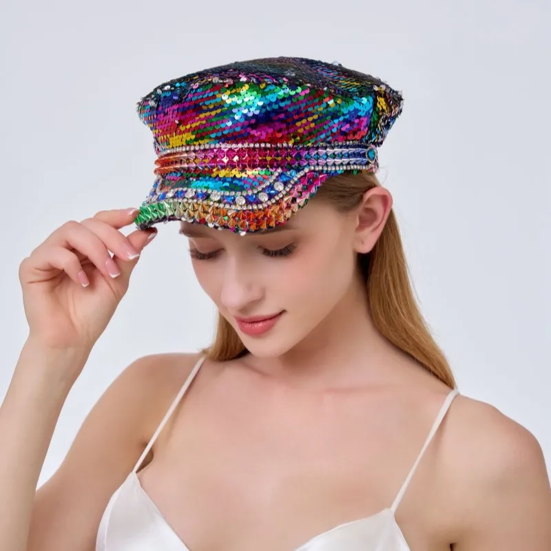 ホンルアン-カラフルディスコ-スチームパンク-キャプテンハット-ラインストーン付き-バーニングマンフェスティバル-女性用-ミリタリーアクセサリー＆ミリタリーキャップ