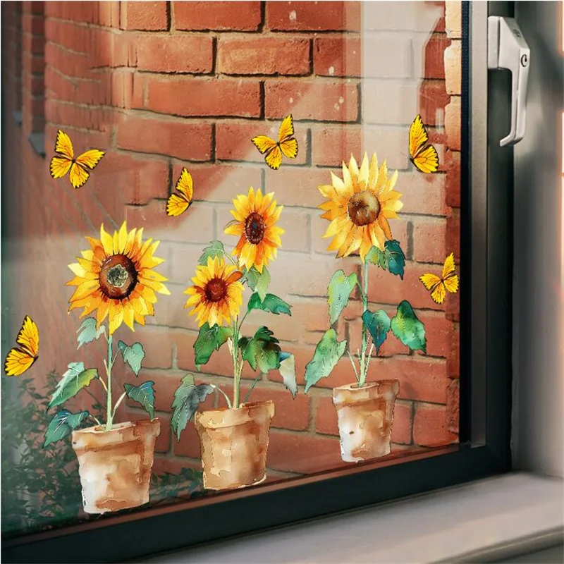 Removable Sunflower Potted Butterfly Wall Sticker For Bedroom Living Room Foyer Home Background Decoration Self-adhesive 35*59CM