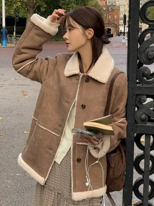 

Шикарная зимняя винтажная замшевая теплая меланжевая куртка с внутренним мехом ягненка, женская верхняя одежда, свободная посадка, длинный све