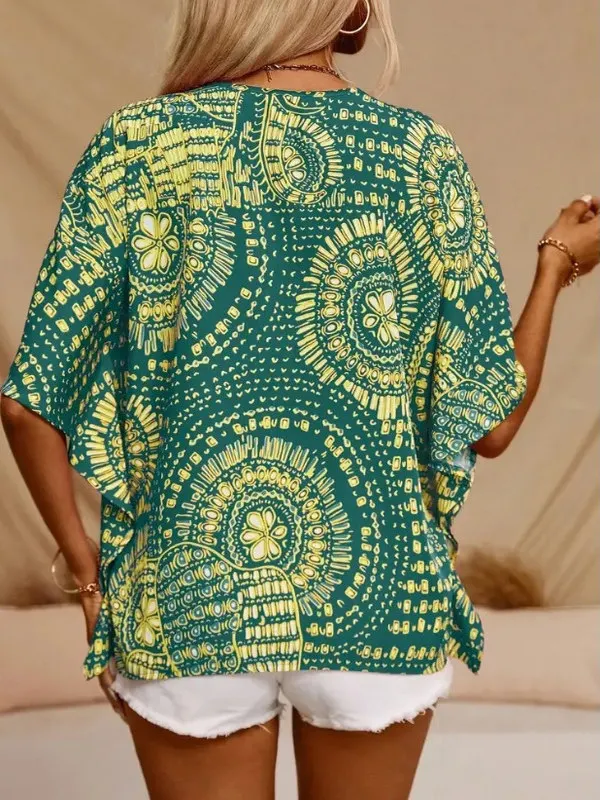 Faionable verano estampado Vintage v-ne Oversize Casual vacaciones Sle cinco cuartos Batwing Sve irt Top ropa de mujer