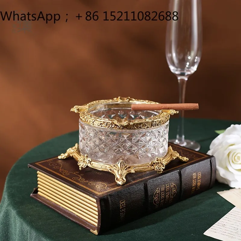 LLY crystal glass brass ashtray light luxury high-end creative new Chinese coffee table household round fashion