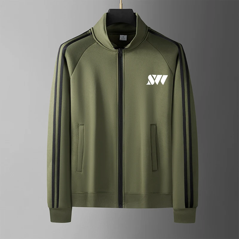 Men Casual Sports Track Jacket  Stand Collar Full Zip 3 White Stripes Long Sleeve Sportswear Male Gym Training Daily Outer Coat
