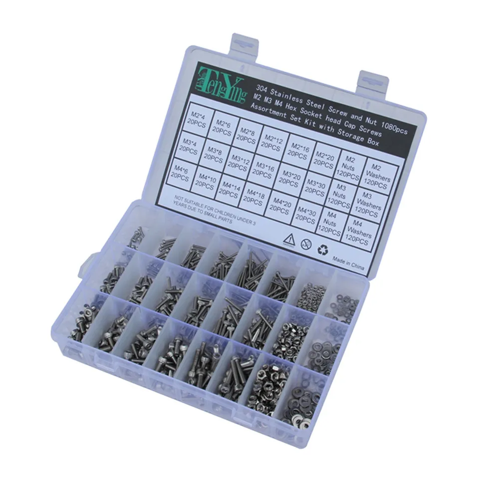 

Набор из 1080 шт. винтов с внутренним шестигранником, гаек и шайб из нержавеющей стали 304, комплект шестигранных болтов для ремонта электроники, оборудования и инструментов