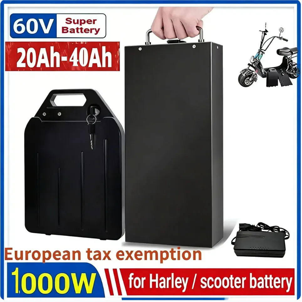 Batterie au lithium étanche 60V résistante aux températures extrêmes, antirouille, 20Ah-40Ah, pour scooter Citycoco Harley 250W~1500W, chargeur 67.2V
