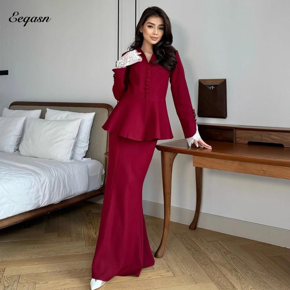 Customized Exquisite Retro Burgundy Satin Evening Dresses Long Sleeve Wedding Guest Dress Evening Sizes Available Sexy