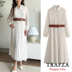 TRAFZA Fashion Autumn Women's Clothing 2024 NEW Casual Temperament Elegant With Belt Midi Pleated Shirt Dress 8372/089