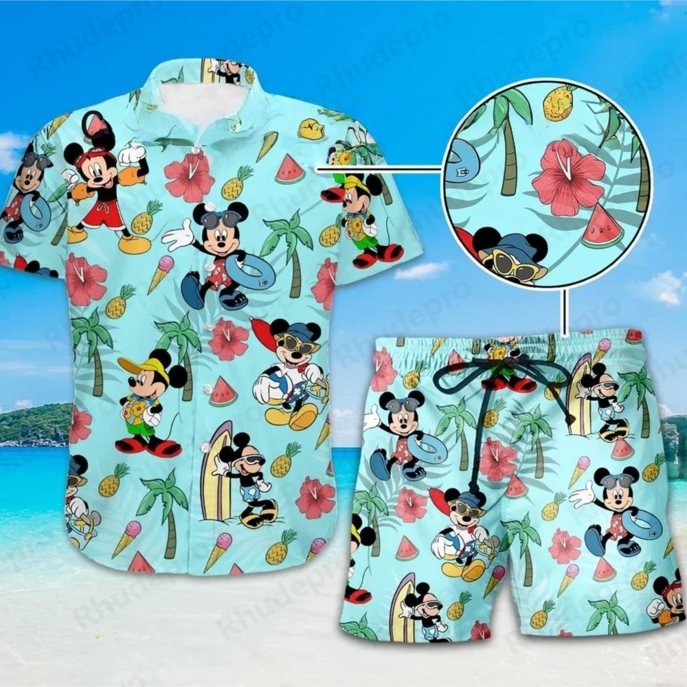 

Disney 2025 Микки, тропическая Гавайская рубашка, шорты, костюм, повседневный комплект для пляжного отдыха с короткими рукавами, пляжные шорты, рубашка на пуговицах в стиле ретро