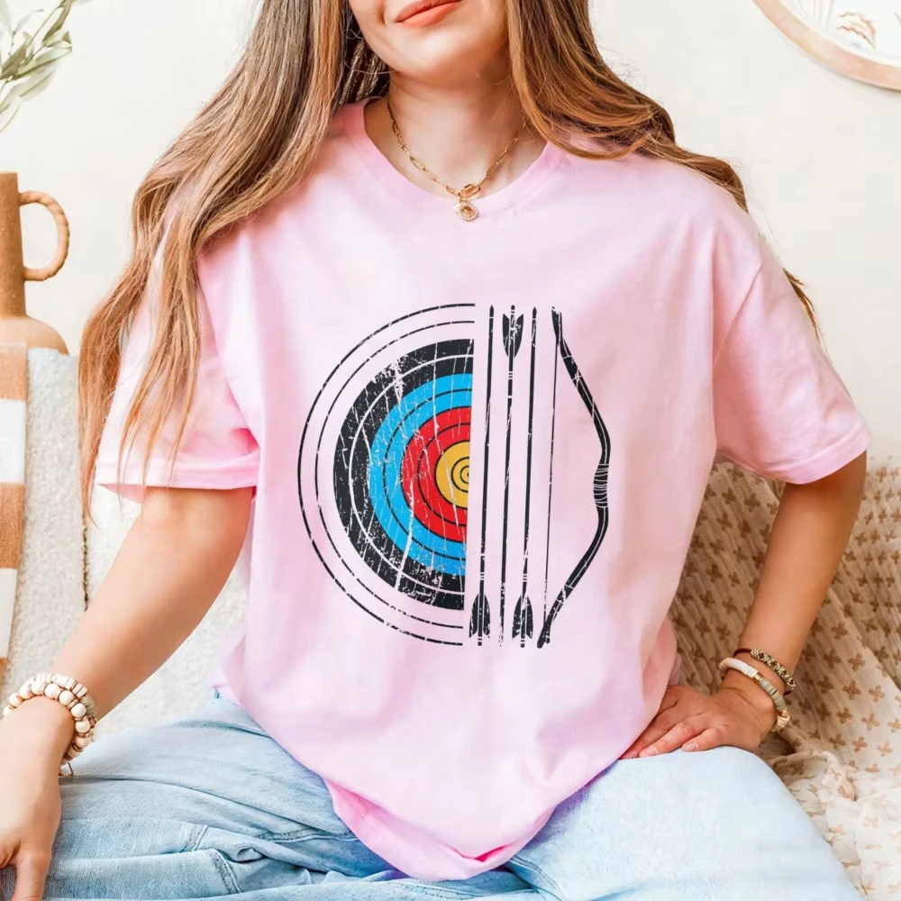 Vintage Distressed Archery Target Half Bow Arrow Cotton Women T-shirt Retro Outdoor Hunting Short Sleeve Tops Female Archer Tee