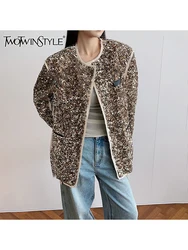 TWOTWINSTYLE Colorblock Spliced Sequins Loose Blazer For Women O Neck Long Sleeve Patchwork Pockets Coat Female Fashion Autumn