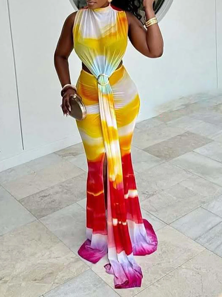 ZIML Hit Color adelgazamiento estampado vestidos calados para mujeres cuello alto sin mangas cintura alta temperamento vestido femenino nuevo