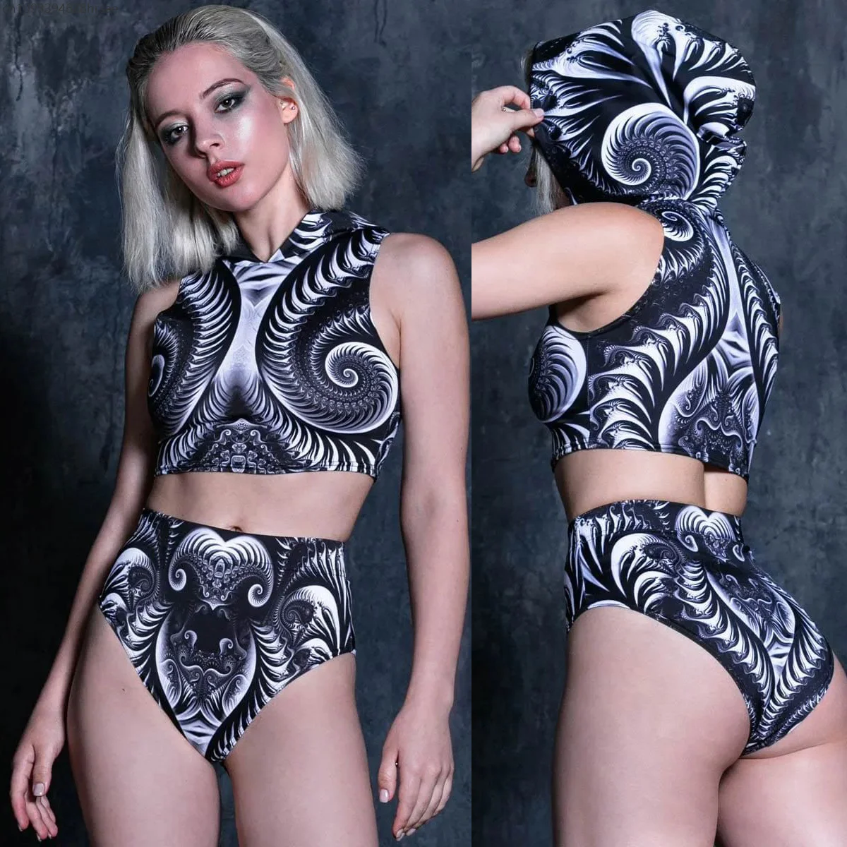 

Cyber Gothic Sexy Hooded Crop Hooded Top Briefs Bikini Women Summer Swimwear Tops Streetwear Punk Slim Swimsuit