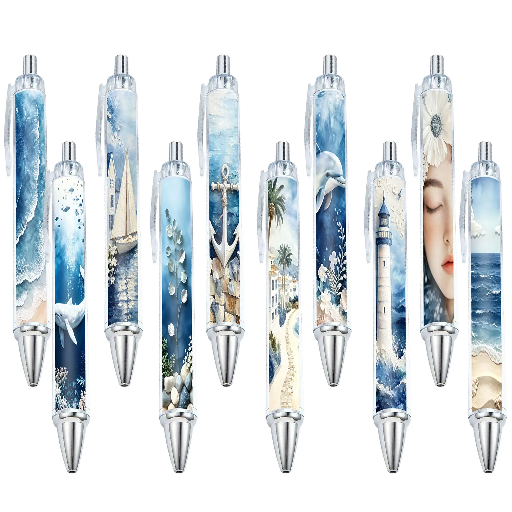 15pcs Blue Ocean Illustration Ballpoint Pen Seaside Lighthouse Theme Gift Pen Writing Smooth Random Style