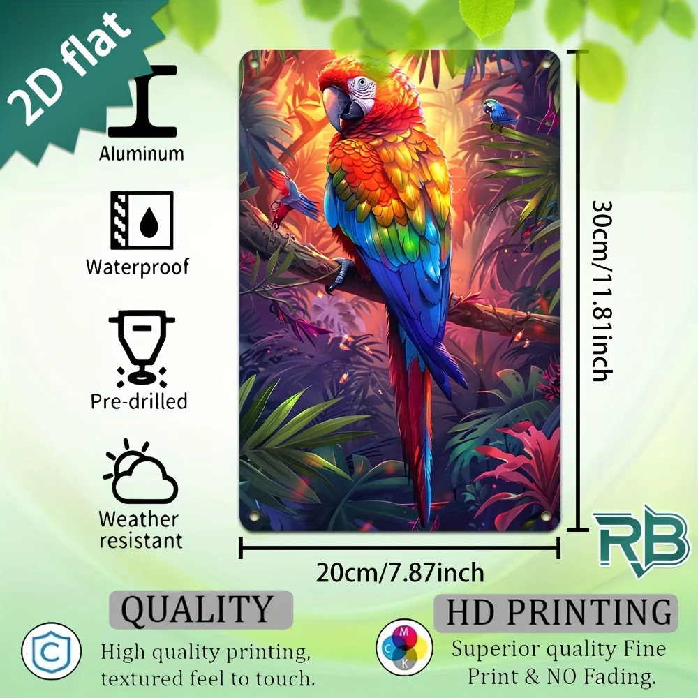 New Trendy HD Metal Wall Art - Vibrant Tropical Jungle Parrot Scene, 2D Flat Tin Sign, Colorful Rainbow Macaw Perched on Branch
