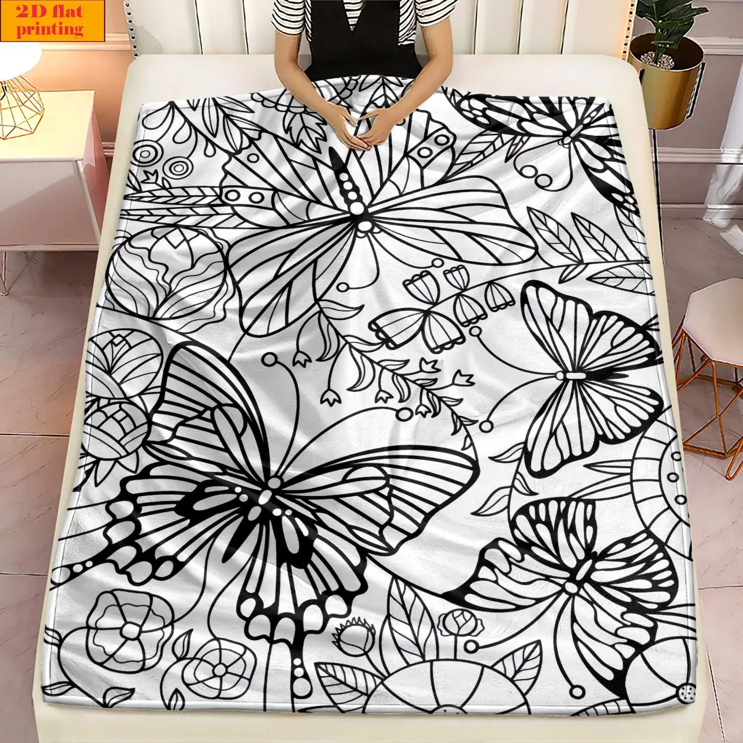 Black Line Butterfly Flower Leaf White Base Print Flannel Throw Blanket Soft Warm Cover Sofa Bedroom Minimal Floral Decor Gift