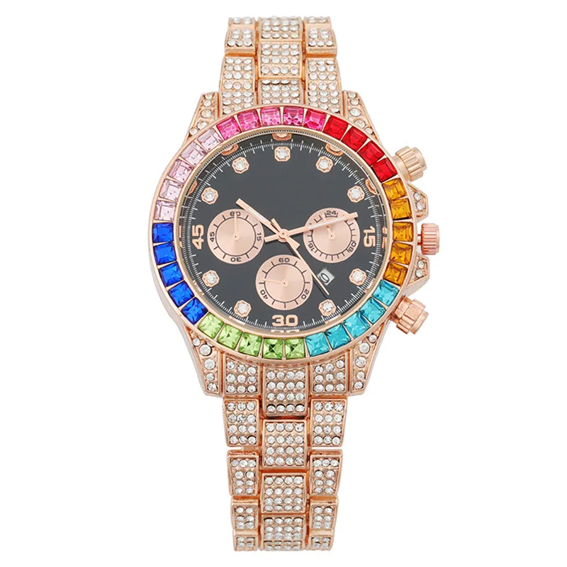 Women's Luxury Full Diamond Calendar Watch Colorful Dial Black Quartz Wristwatch Female Watches Casual Lady Daily Wear Girl Gift