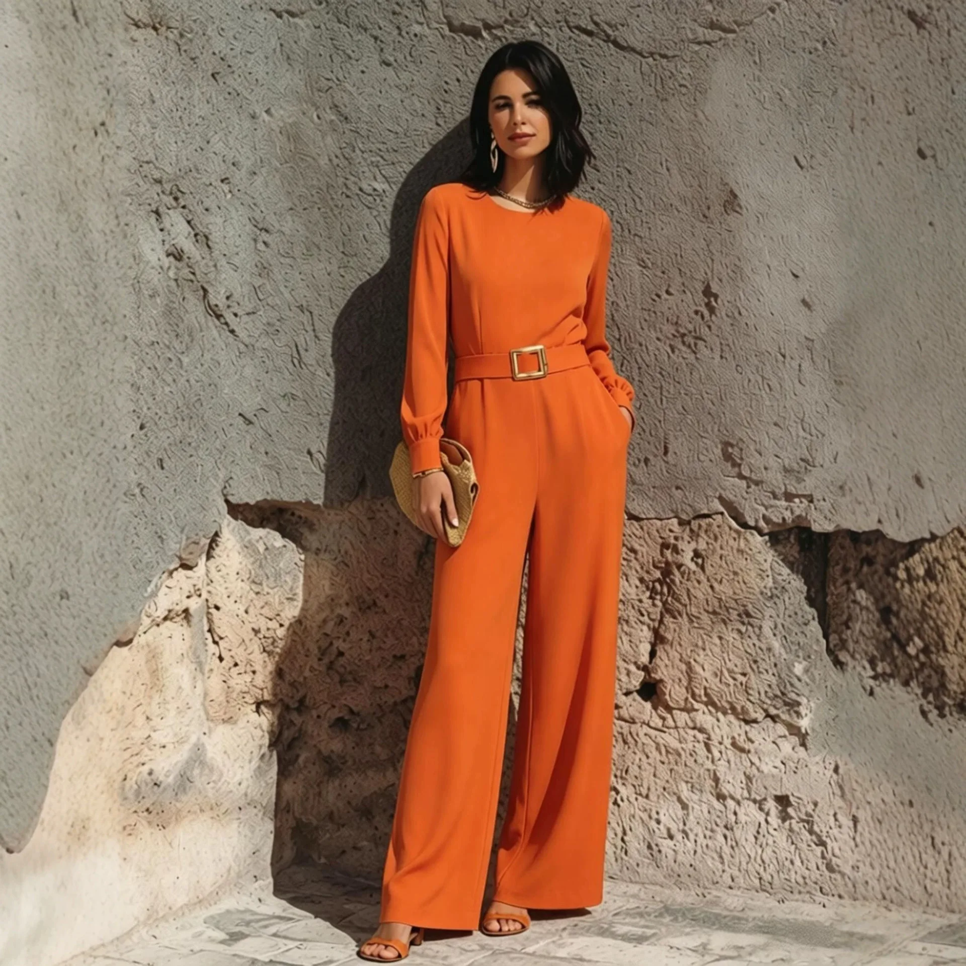 Elegant Long Sleeve Solid Belted Jumpsuit Women Slim Fit Overall Jumpsuits Spring Summer Matching Set