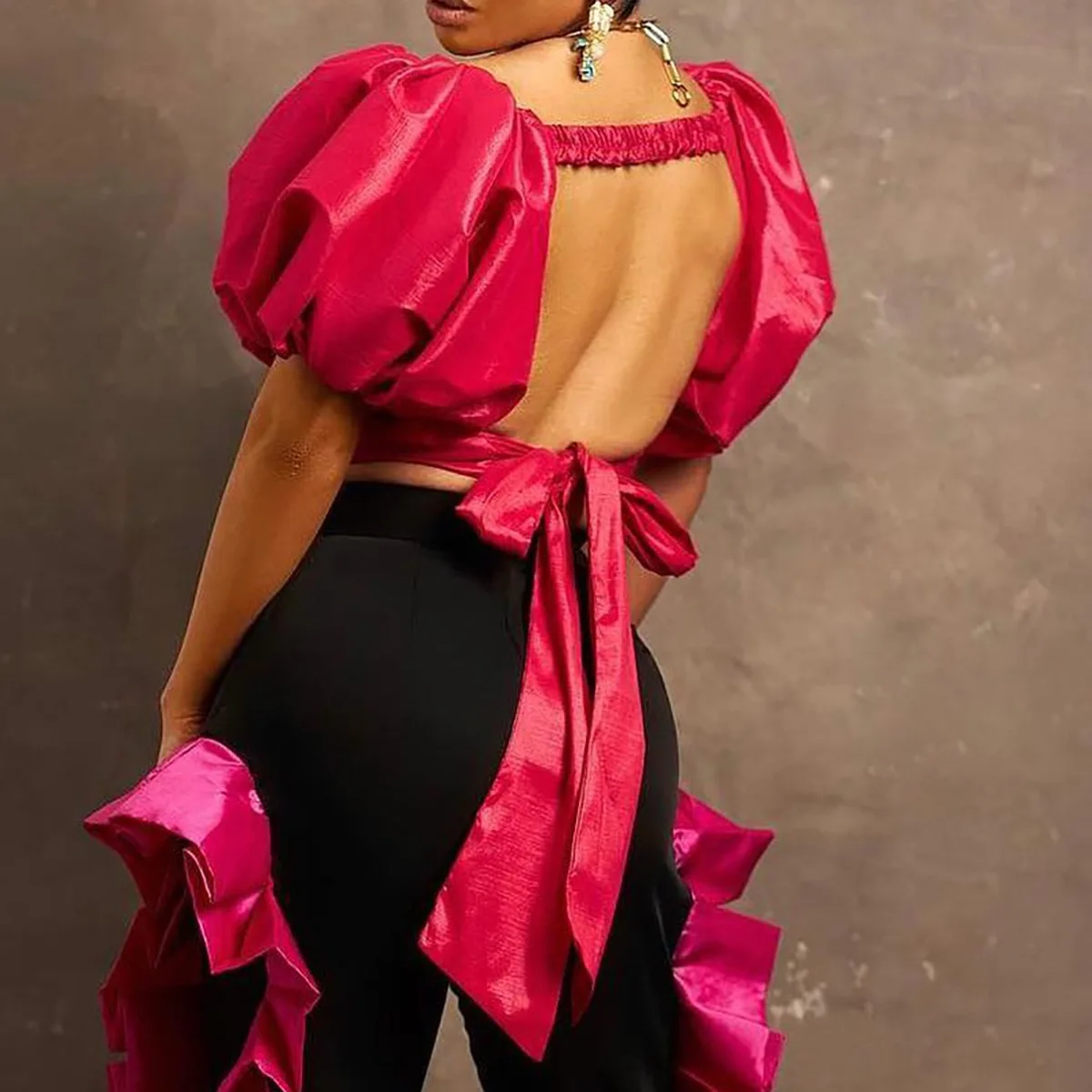 African Ladies Sexy Fashion Tops Rose Solid Satin Square Neck Lantern Sleeve Backless Evening Night Party Club Blouse Shirts Hot