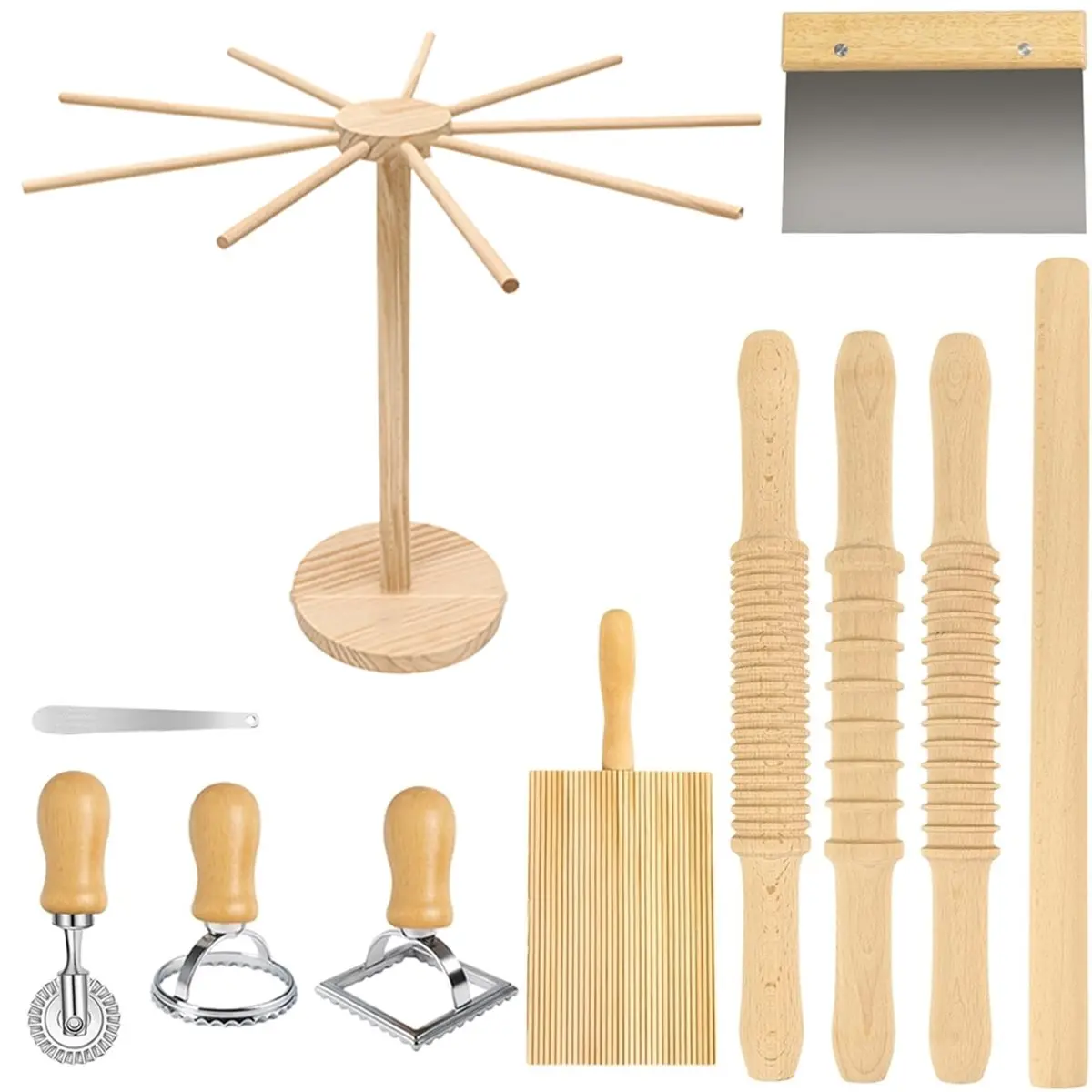 2026 Trend Pasta Making Tools, Wooden Pasta Making Kit with Threaded Rolling Pins, Long Rolling Pin,Rotatable Pasta Drying Rack