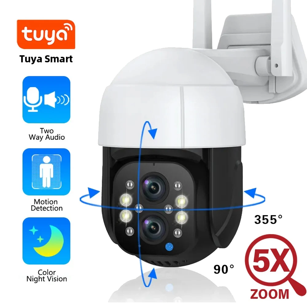 

Tuya 5MP WiFI IP PTZ Camera 5X Digtal Zoom Dual Lens AI Intelligent Auto Tracking 3MP Security Outdoor Camera Motion Detection