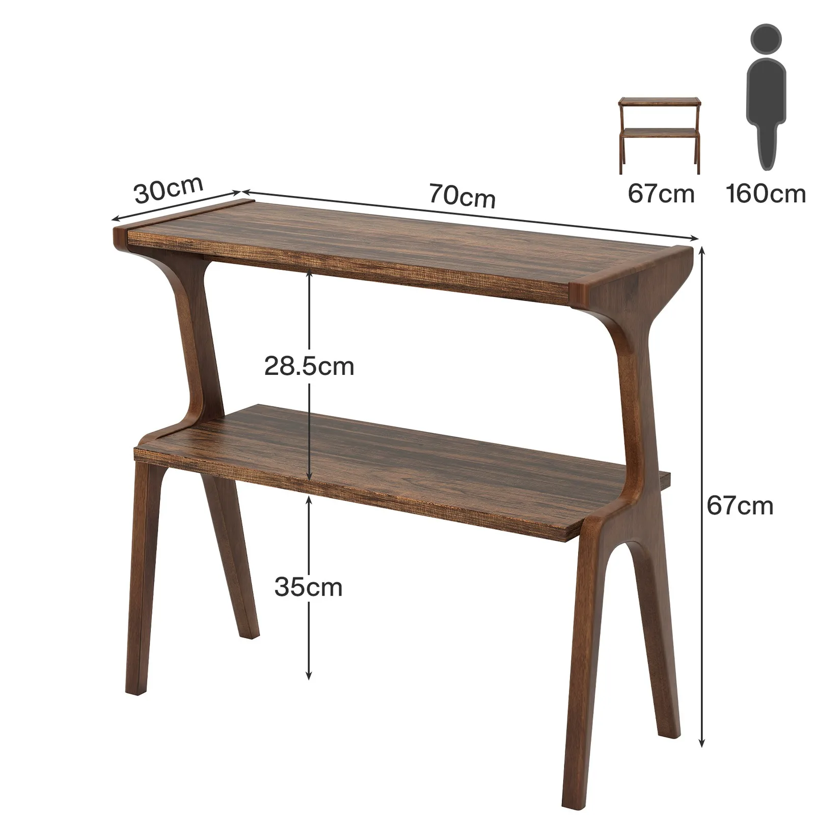 طاولة جانبية من الخشب الصلب، طاولة جانبية من طبقتين مع رف تخزين لغرفة المعيشة، بني #2