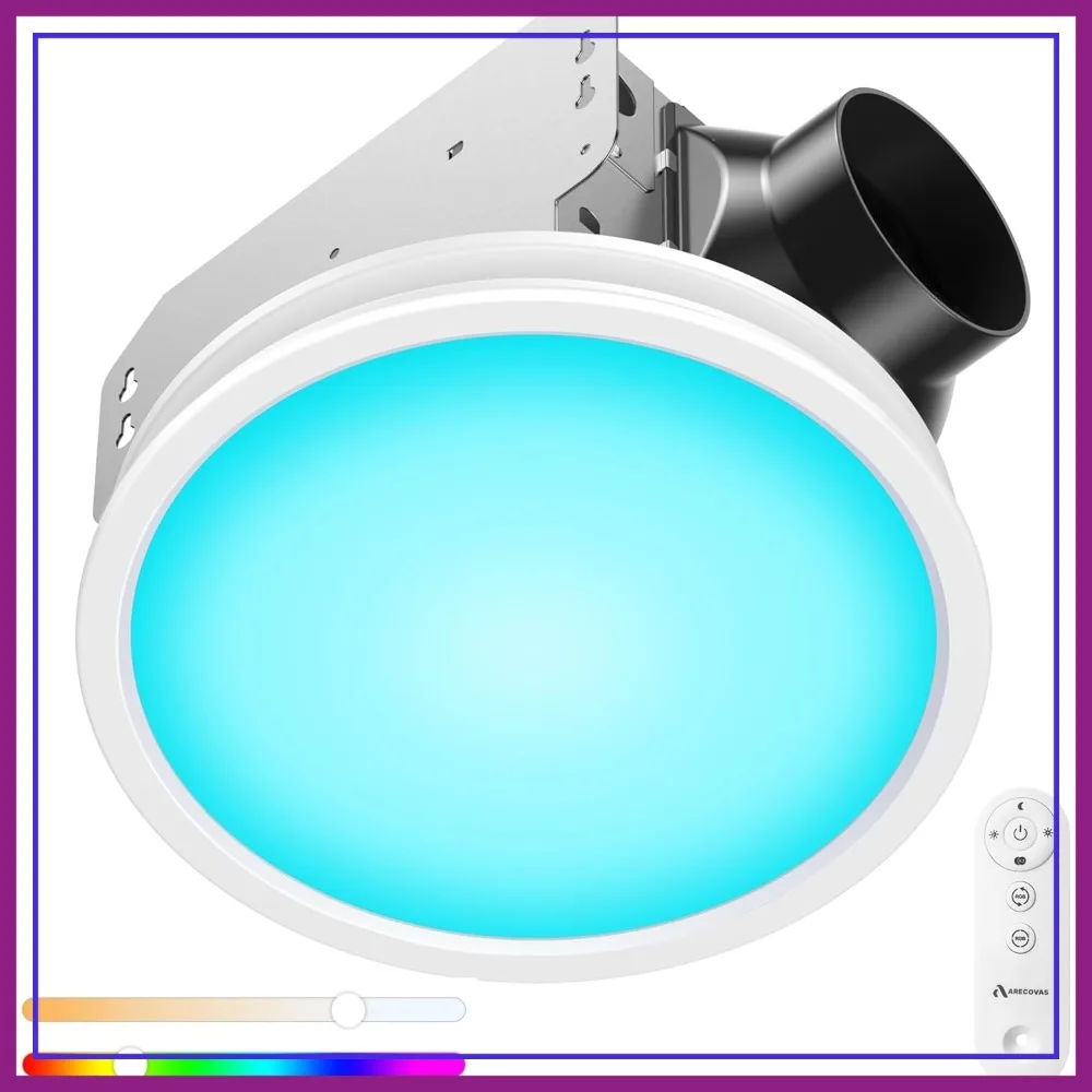 

Bathroom Exhaust Fan with RGB Lights, 110CFM, 1.0 Sones, 3 Color Temps, 5 Brightness, Remote Control, Easy Install