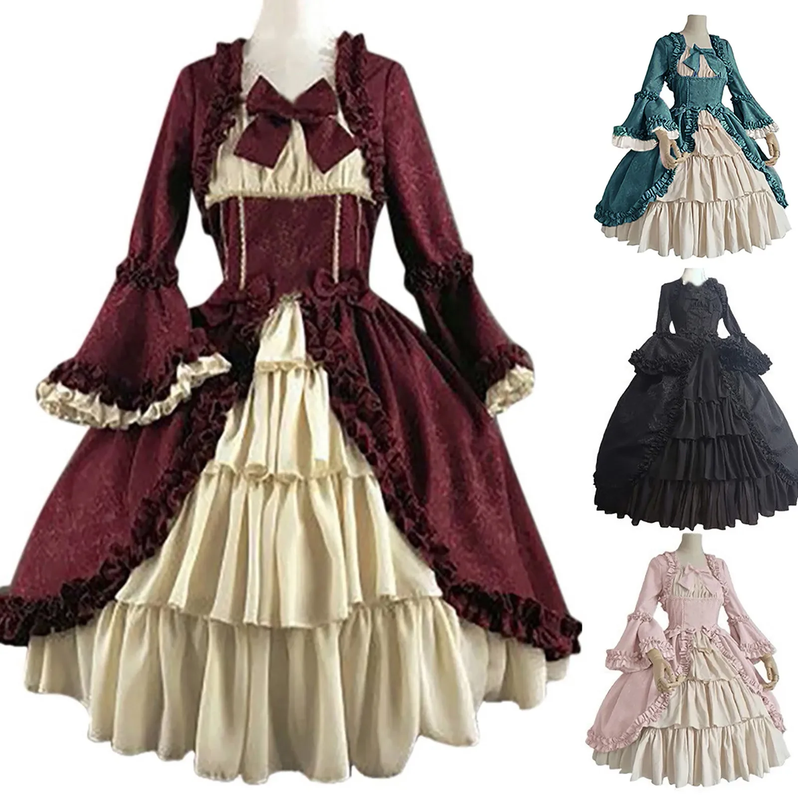 

Women Vintage Palace Lolita Dress Sweet Princess Square Collar Lace Bowknot High Waist Long Victorian Gothic Dress Girl