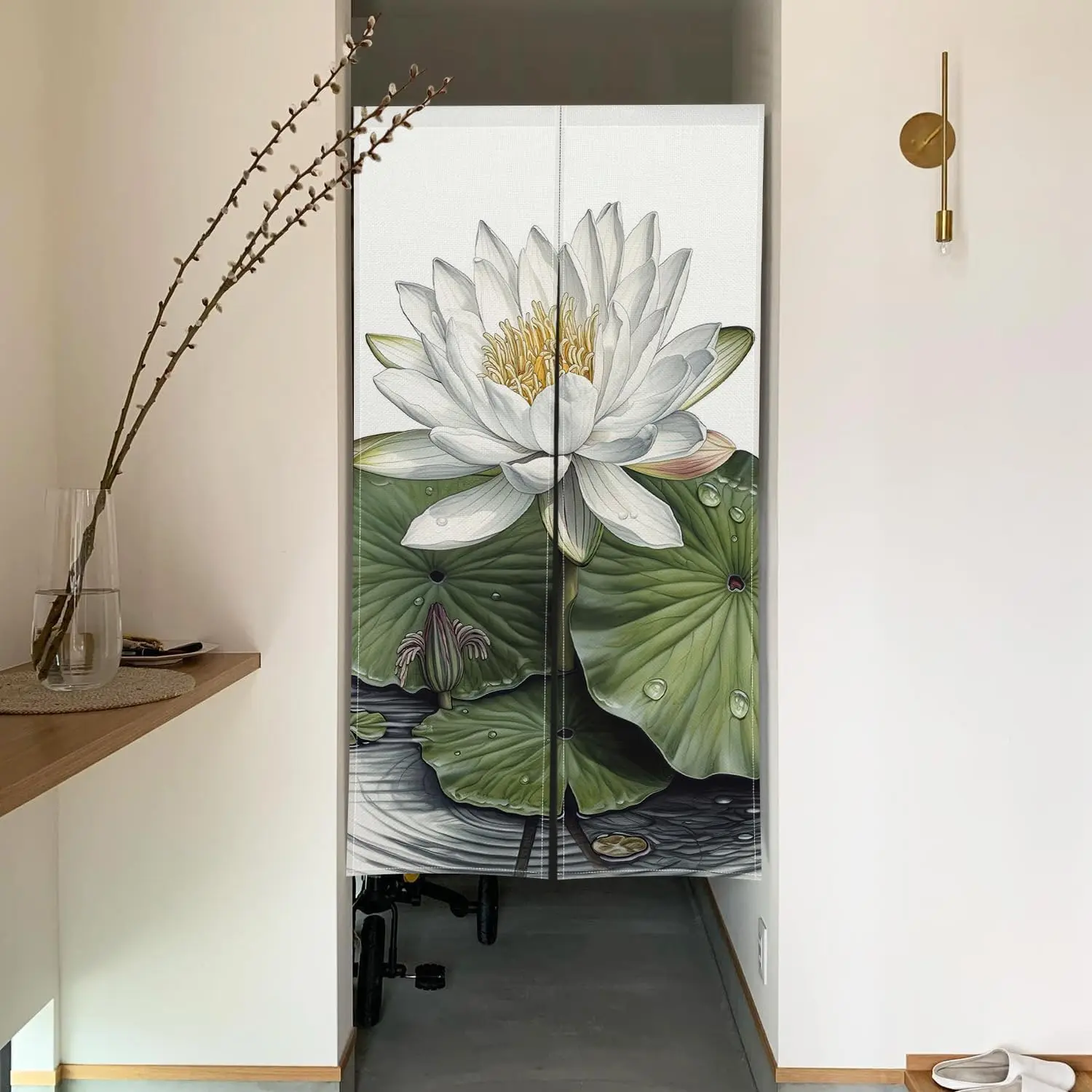 Lotus Water Drop Noren Curtain,Chinese Style White Background Realistic Floral Print Home Tea House,Zen Oriental Room Divider