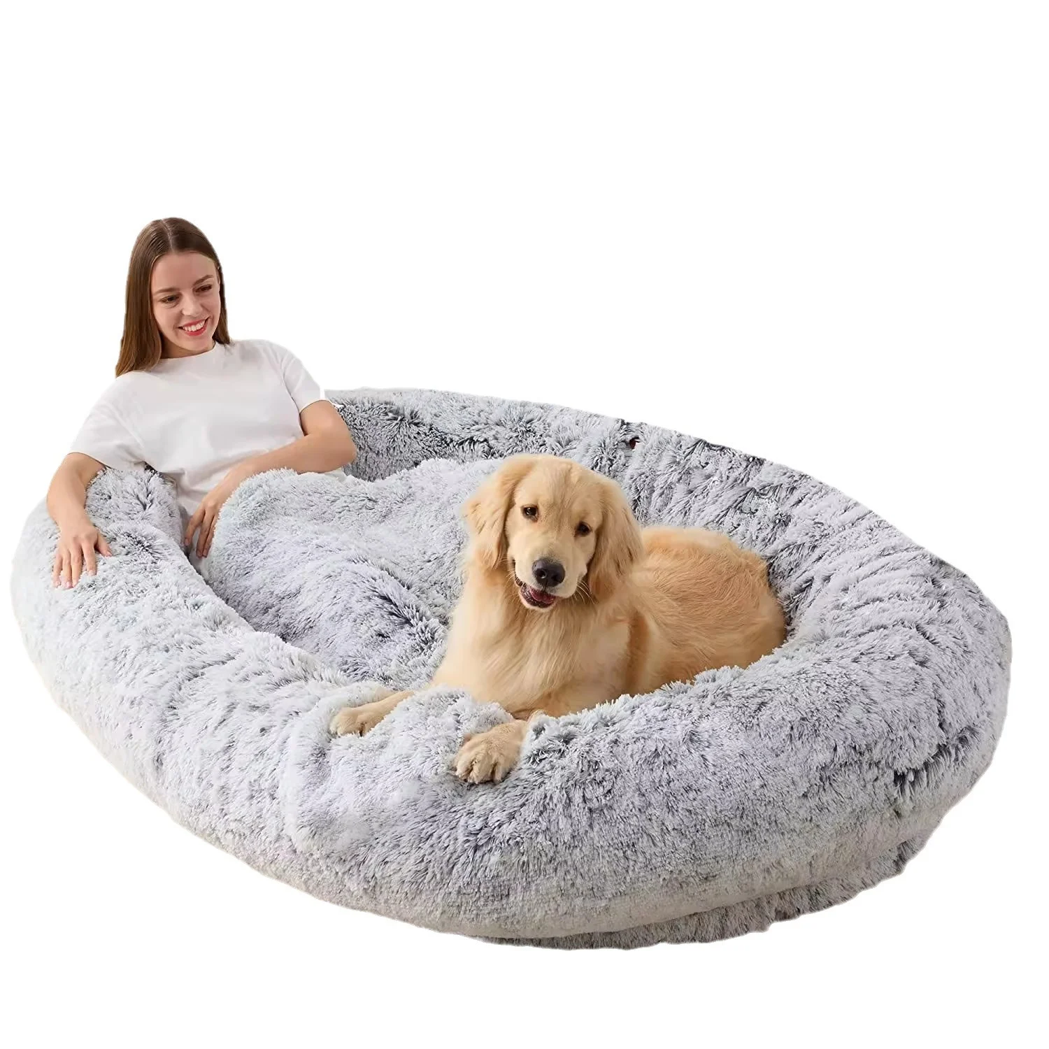 Gran oferta, cómoda cama para perros humanos, cama redonda de felpa de pelo largo para mascotas, cama para perros, almohadilla para perros de esponja cálida para invierno