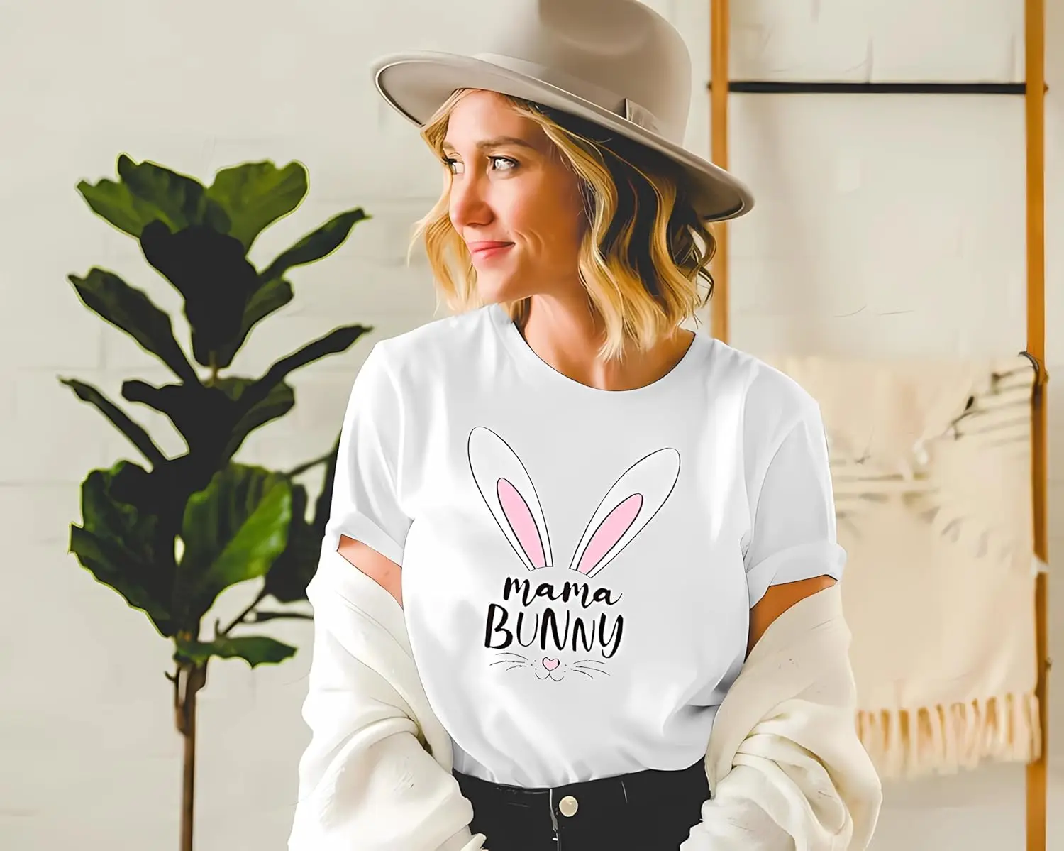 2024 Women's Happy Easter T-Shirt - Cute Mama Bunny Graphic Print, Crewneck Short Sleeve Pullover Tees