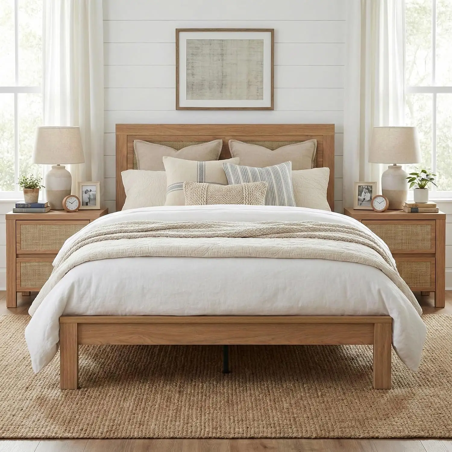 Boho Queen Wood Bed Frame Rattan Headboard Support Slats Noise-Free No Box Spring Easy Assembly Under Storage, Customized