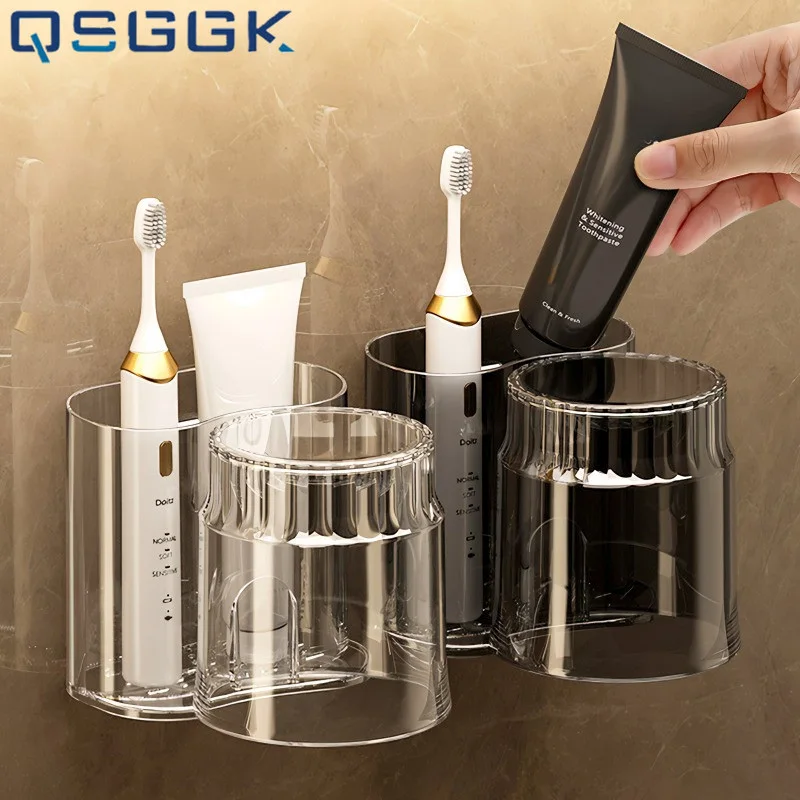 

Toothbrush Holder And Mouthwash Cup Self Adhesive Wall Mounted Moisture-proof Ventilate Bathroom Multifunctional Storage Holder