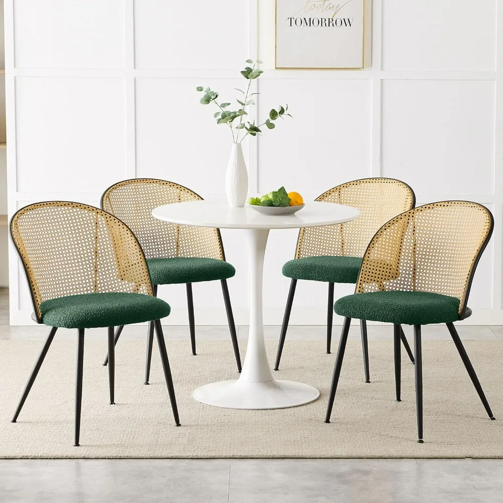 4-piece rattan dining chair set, with full rattan backrest, armless fabric, metal dining chair, green