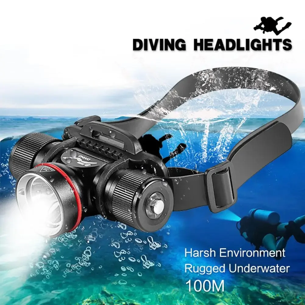 LED Rechargeable Diving Headlamp Scuba Dive Flashlight IPX8 Waterproof 3 Modes Underwater Flashlight for Diving Submarine Light