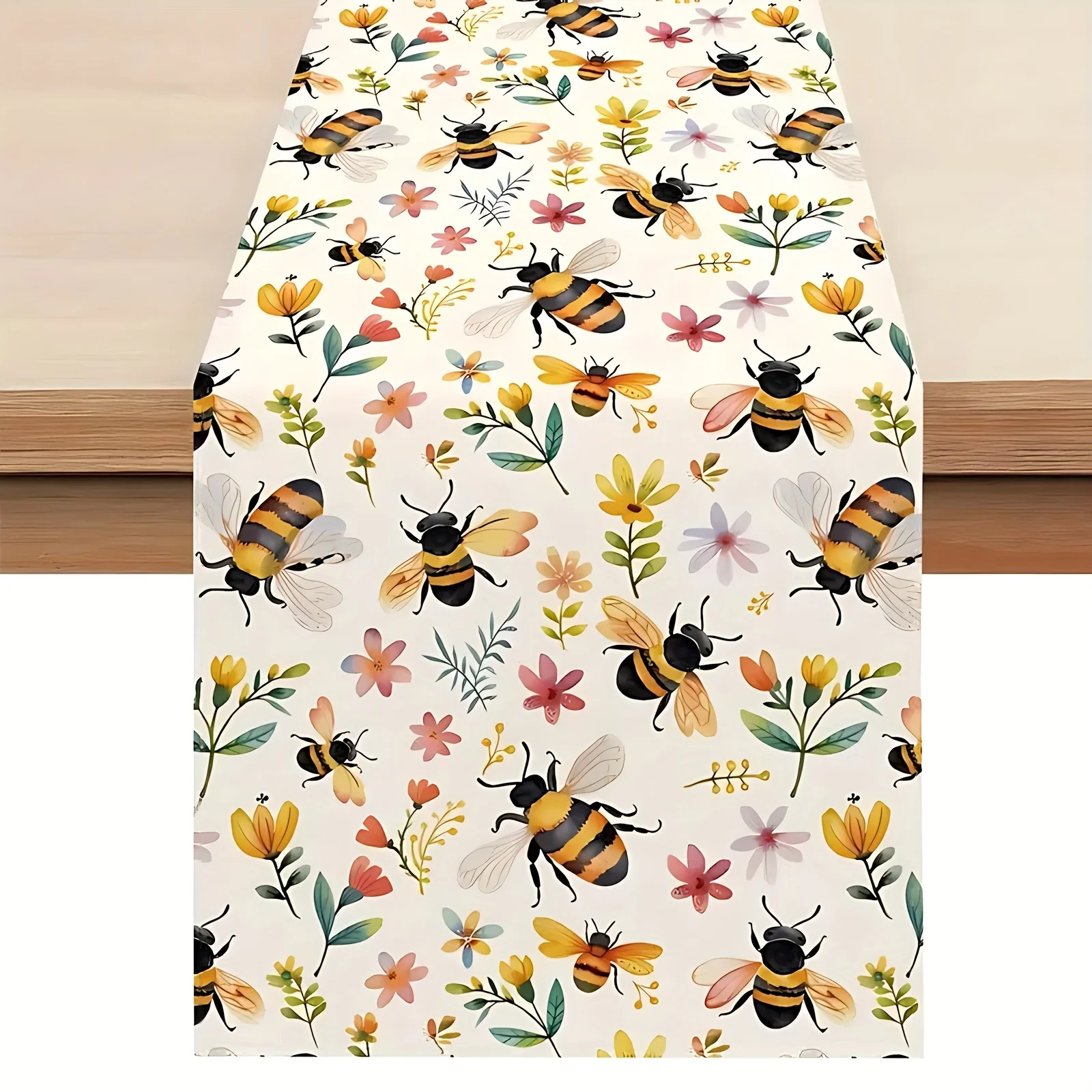 Spring Floral Bee Tablecloth  - Durable  Table Cover for  Dining Garden Easter Mother's Day Natural Home Decor