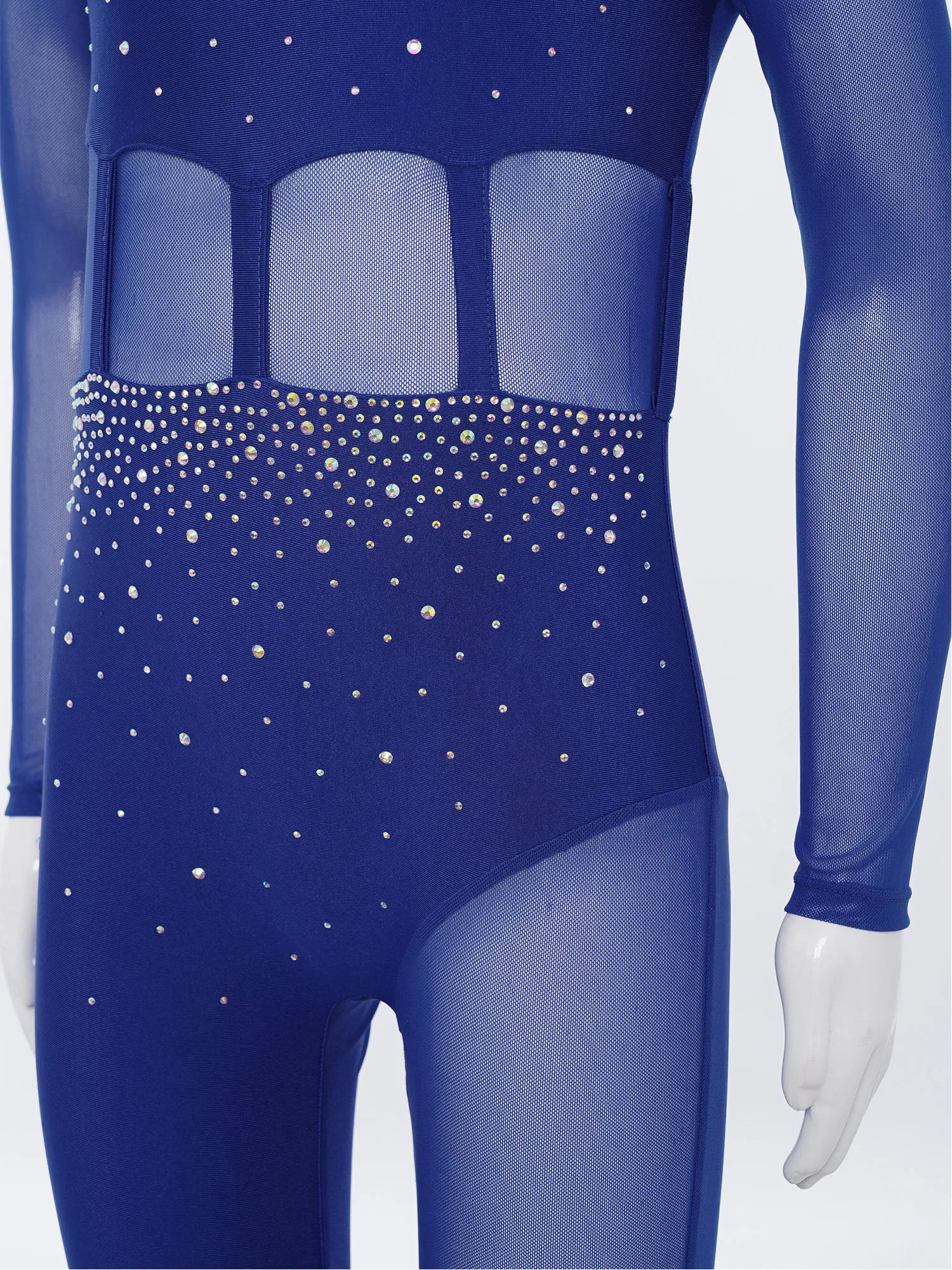 Traje de patinaje artístico para niñas, Ballet, danza, gimnasia, acrobacias, leotardo de Yoga, mono de malla transparente con diamantes de imitación brillantes de manga larga