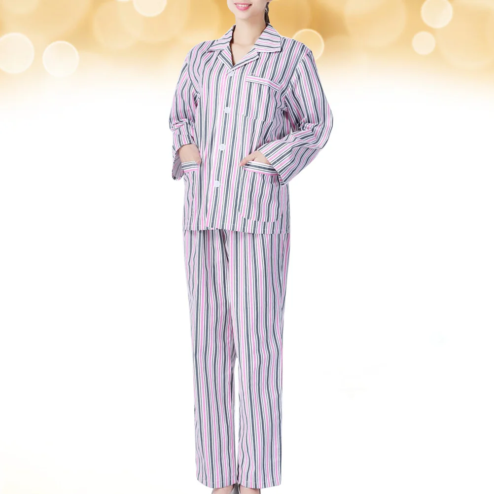 Women Pajamas Cotton Comfortable Long Sleeve Hospital Home Pink White Stripe M Bedridden Patients Lightweight Breathable