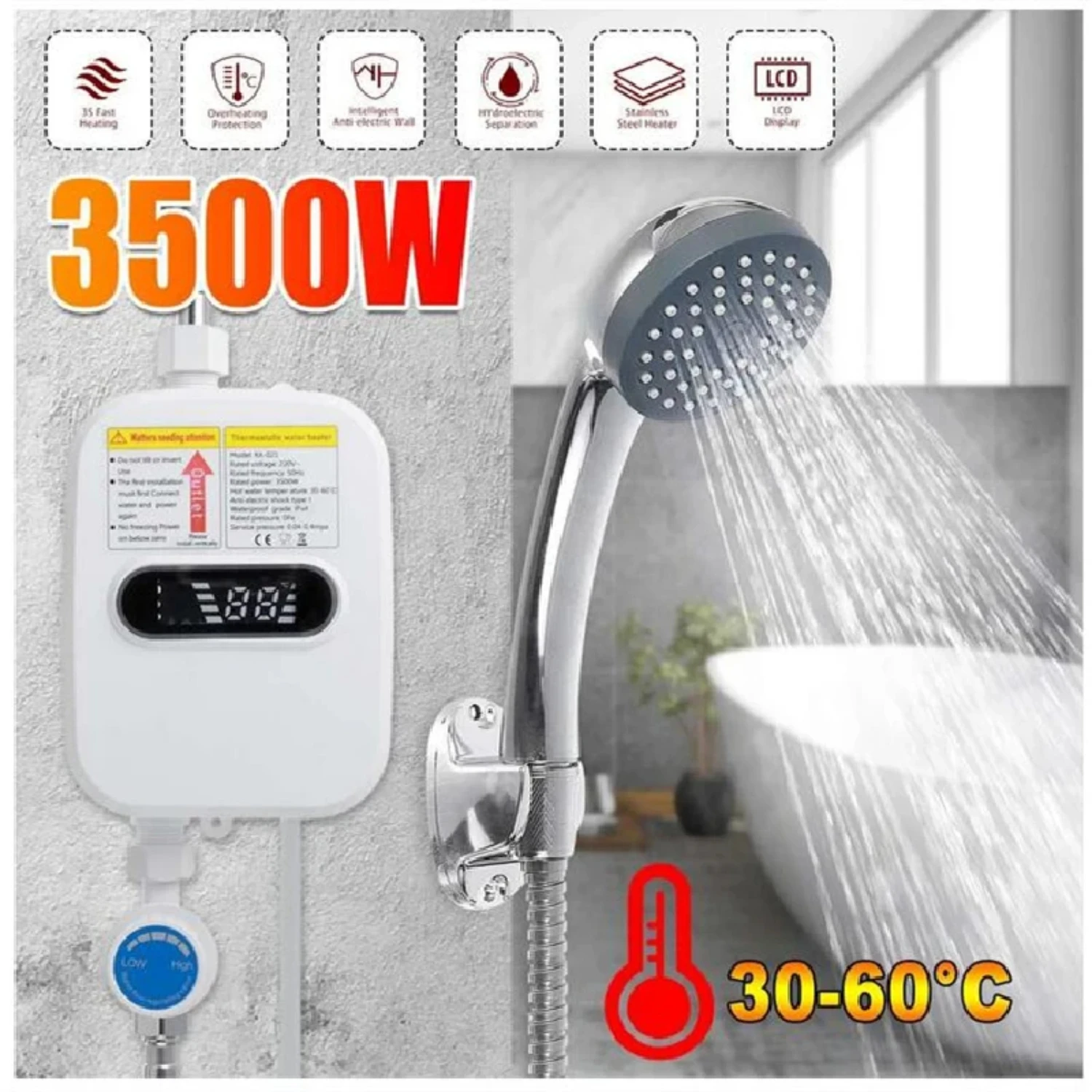 Mini aquecedor de água quente sem tanque para torneira de cozinha, compacto, LCD digital, controle de temperatura constante, Automa, novo, 3500W