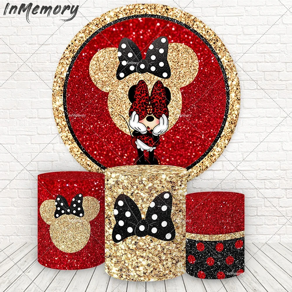 

Red Glitter Gold Minnie Circle Backdrops Cover Girl Birthday Party Supplies Background Polka Dots Minnie Head Cylinder Covers