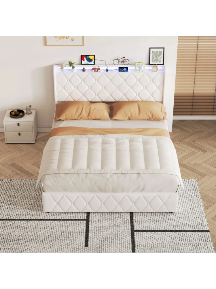 Fangange Polsterbett 90 x 200 / 140 x 200 cm mit LED- und USB-Ladestation, Einzelbett mit samtgepolstertem Kopfteil, hydraulischem Stauraum und Metallrahmen, Doppelbett, Samt, Beige/Grau, ohne
