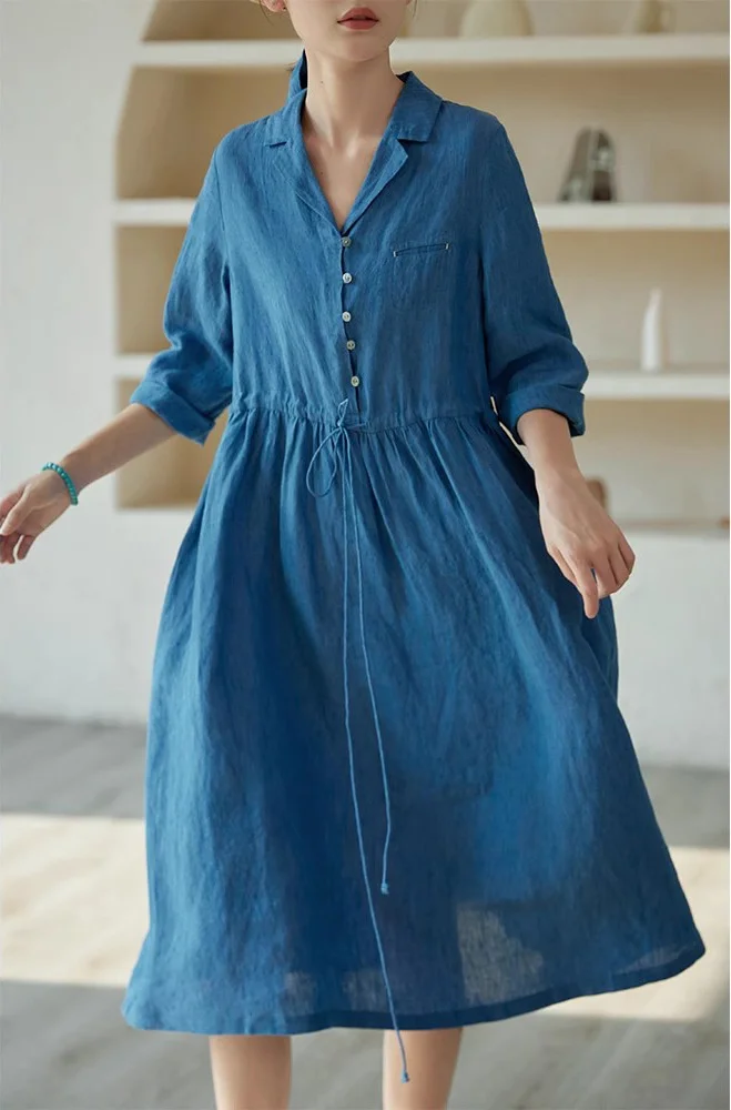 

Early Autumn 2023 New French Double tone Stone Linen French Dress Women's Mid length Dress 230808