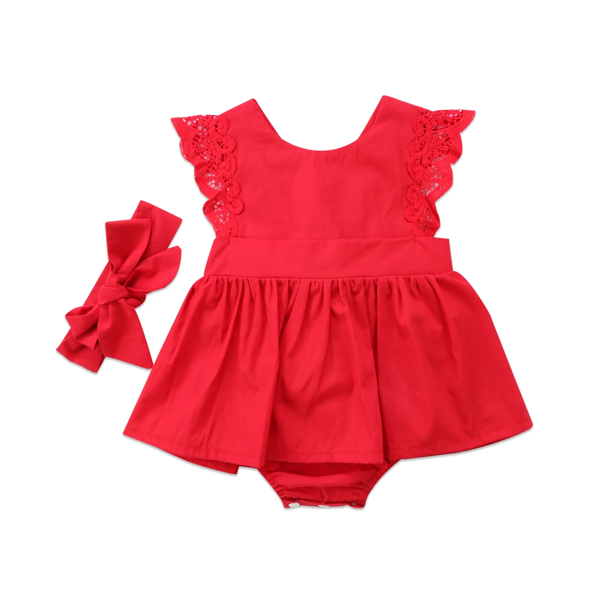 

Infant Baby Girls Summer Romper Plain Lace Embroidery Skirt Layered Sleeveless Snap Triangle-Bottom Jumpsuit Headband