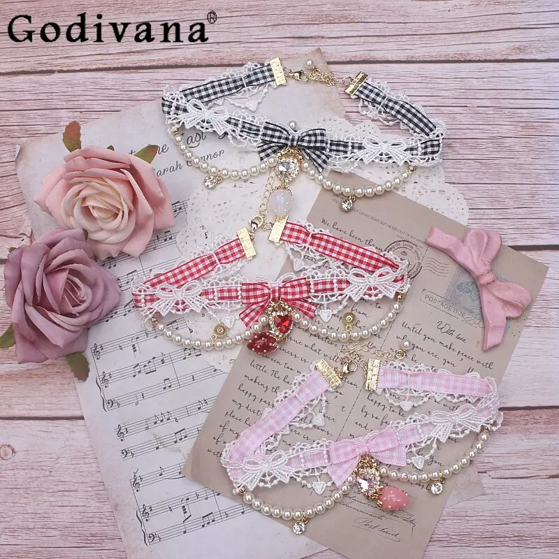 

Original Japanese Sweet Girls Lolita Accessories Woman's Mine Mass- Produced Cute Bow Pearl Chain Love Rhinestone Necklace