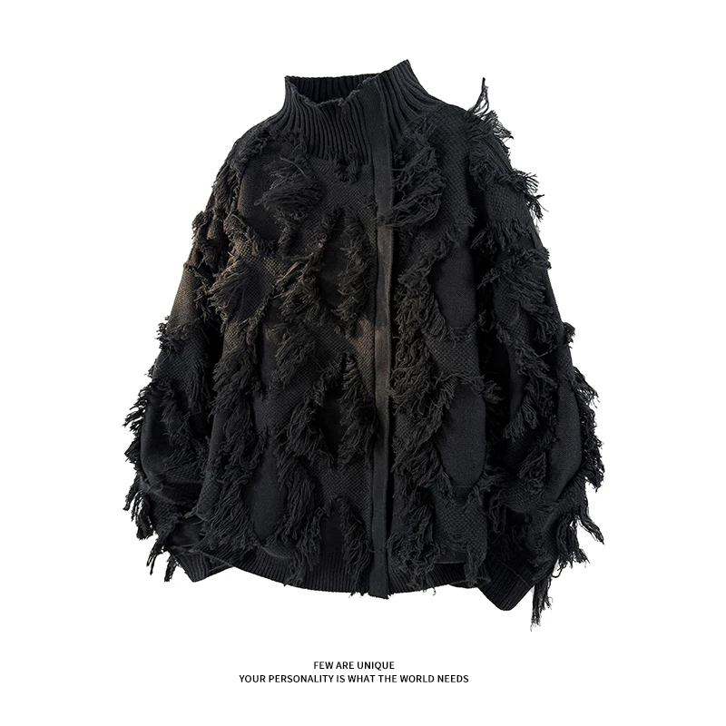 Men's Streetwear Fringe Distressed Knitted Cardigan High Neck Zip Up Oversize Loose Sweater Autumn Winter Couple Tops