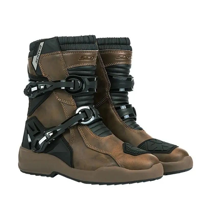 

Waterproof Leather Brown Motorcycle Boots Men Women Retro Bike Boots Anti-slip Cafe Racer Shoes Riding Protective Gear