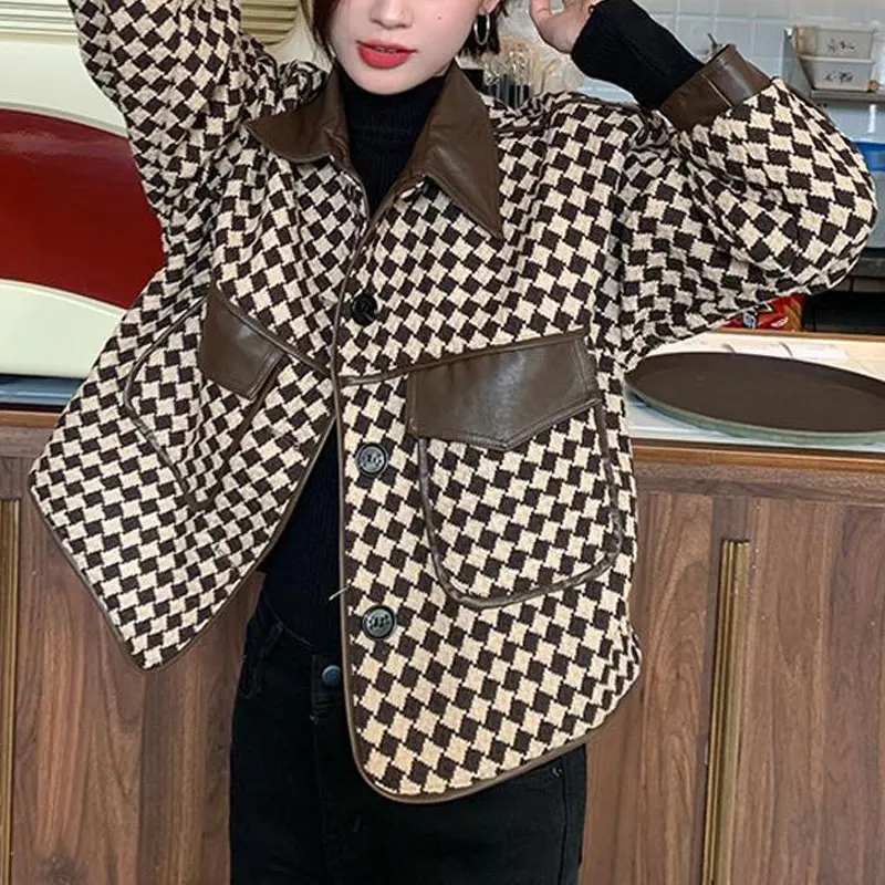 

Vintage Plaid Polo-Neck Coats 2024 Autumn Winter Stylish Patchwork Women's Clothing Loose Casual Pockets Single-breasted Jackets