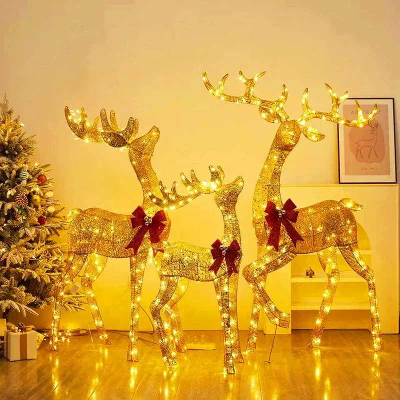 Christmas Decoration Luminous Deer Snowman Santa Claus Wrought Iron Elk Pulling Car Outdoor Scene Arrangement Ornament