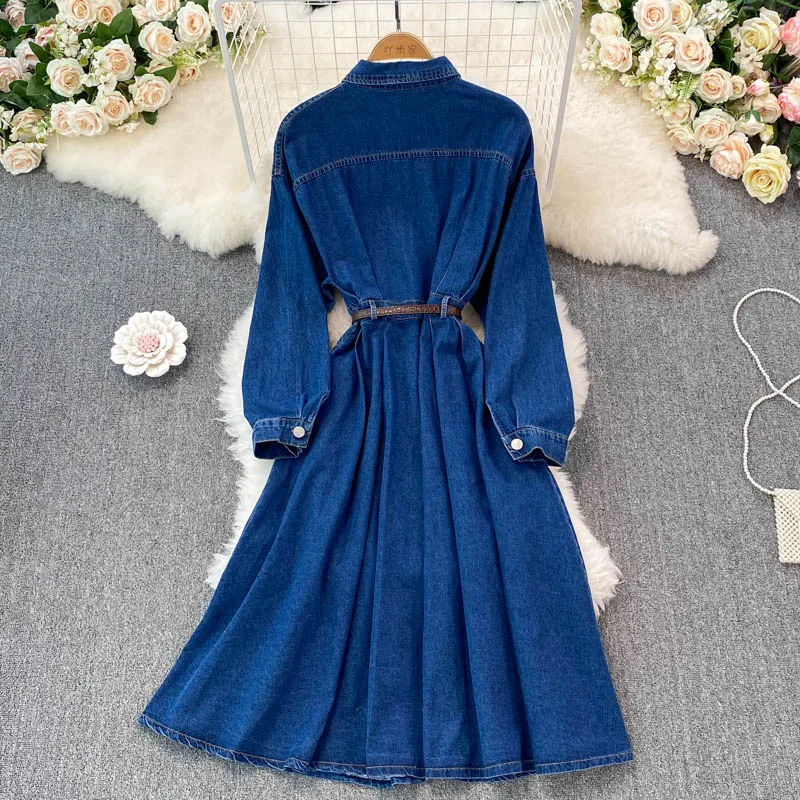 French Vintage Denim Dresses Autumn Fashion Mid-length Slim Dress Elegant Female Single-breasted Laple Long Sleeve Dress