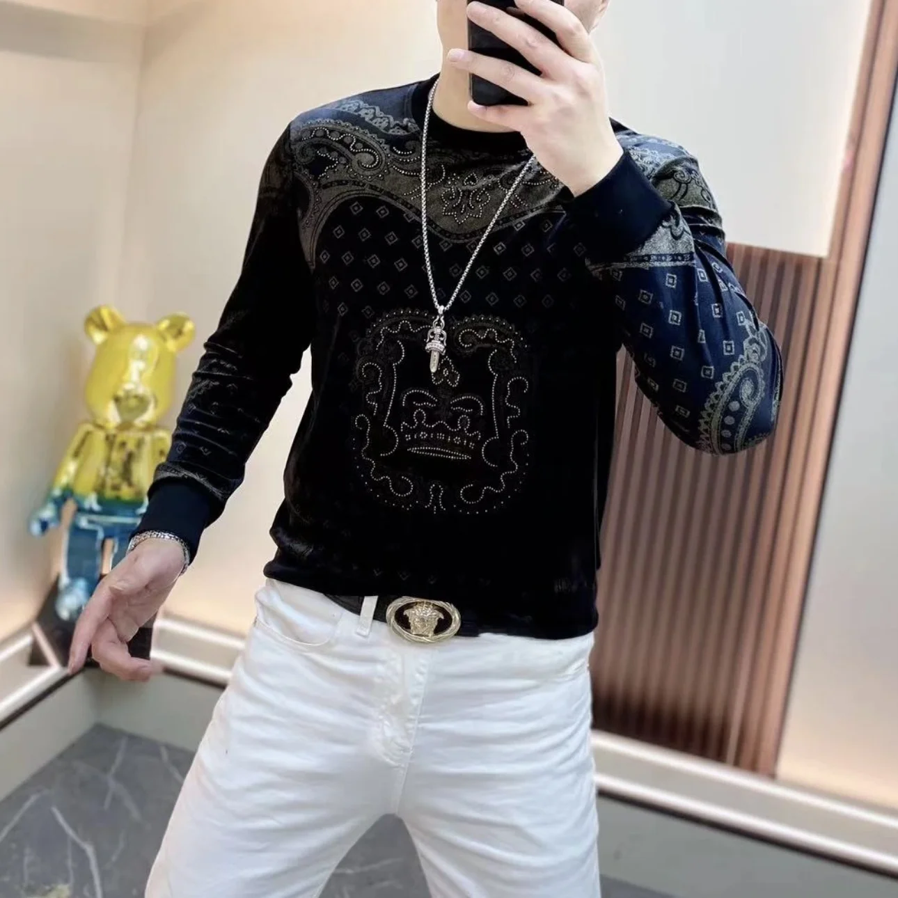 

Autumn New Men's Gold Velvet Embroidered Rhinestone Long Sve Sweatirt round Ne Slim Elastic Youth Sweatirt