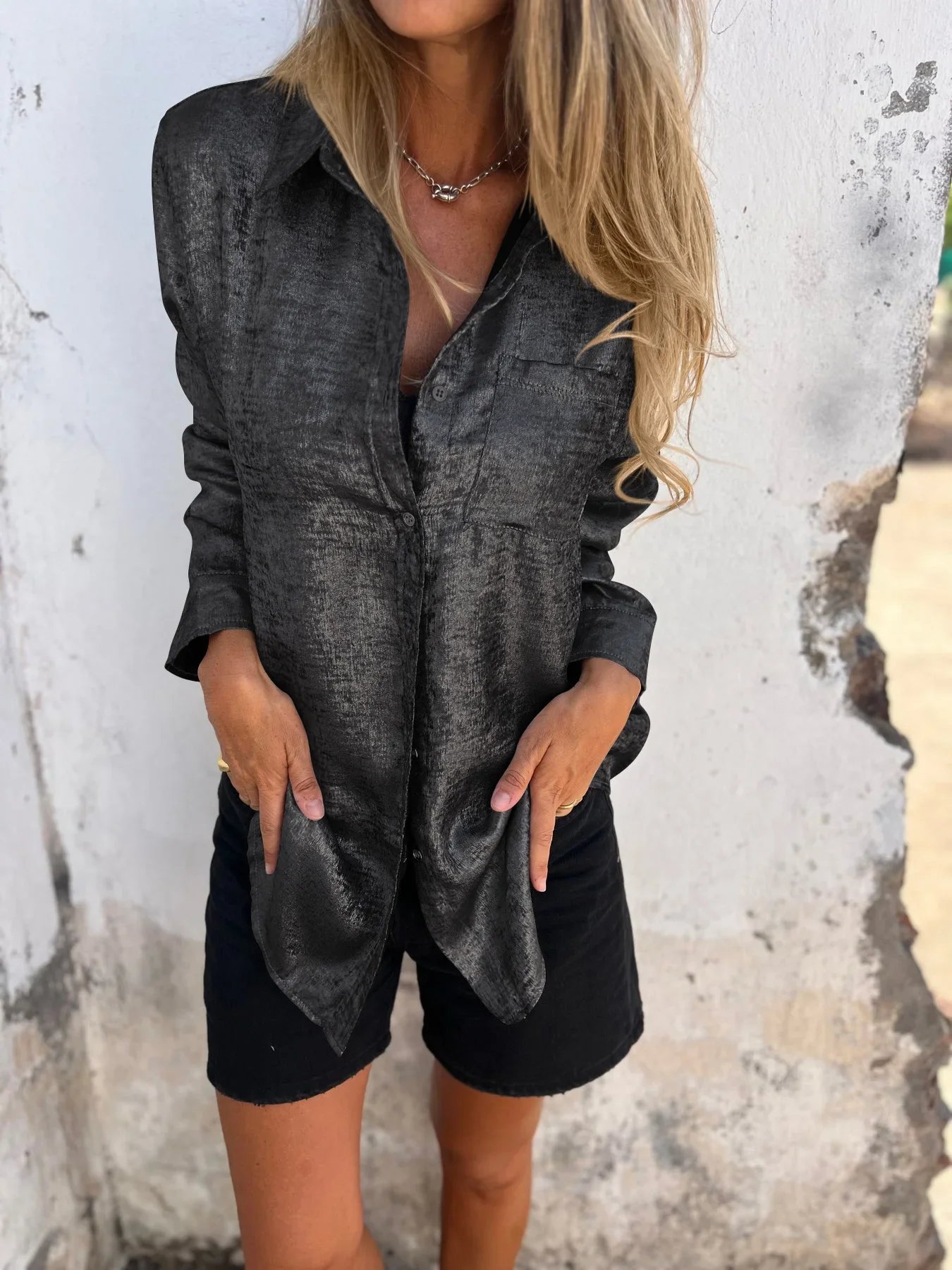 Women's Spring Casual Metallic Long Sleeve Button-down Shirt 2024 Loose Mid-length Solid Color Lapel Shirt Womens Tops Blouse