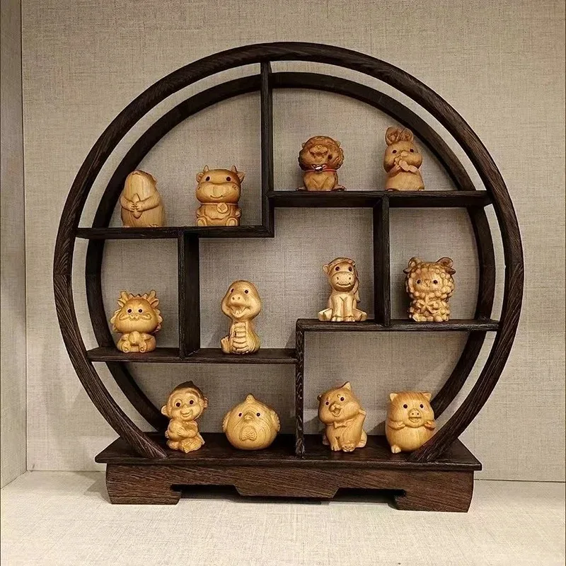 wooden the twelve Chinese zodiac signs animal sculptures figurines  Cute Home Room Office Decorative small model suit